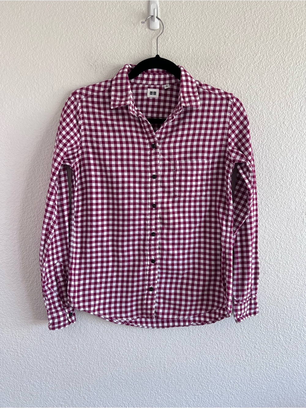 Uniqlo Women's Gingham Button Down Flannel Shirt Cranberry White Cotton